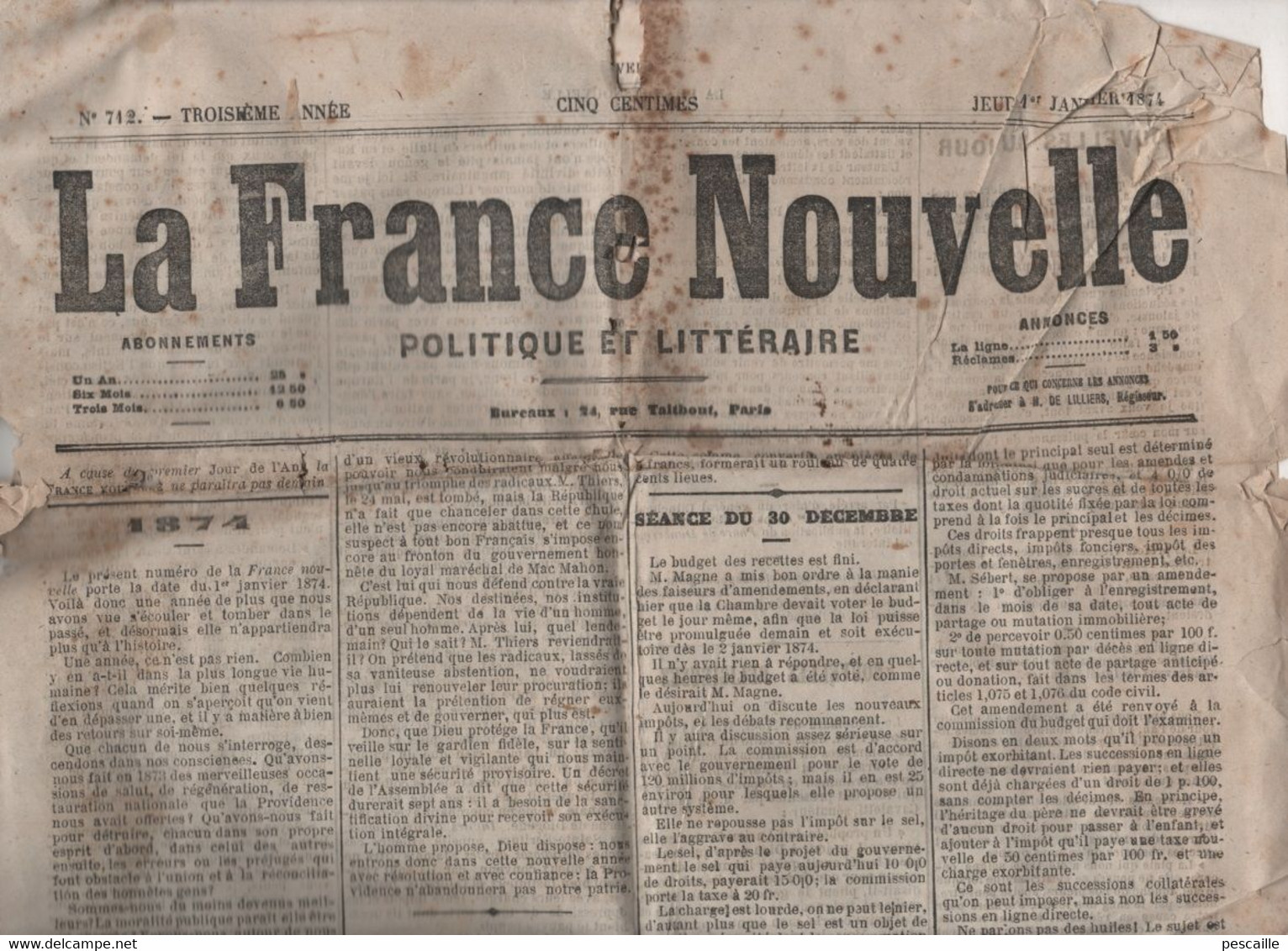 LA FRANCE NOUVELLE 01 01 1874 - ASSEMBLEE NATIONALE IMPOTS ENREGISTREMENT - VINCENNES CATASTROPHE DU BEL-AIR - COMMUNARD - 1850 - 1899