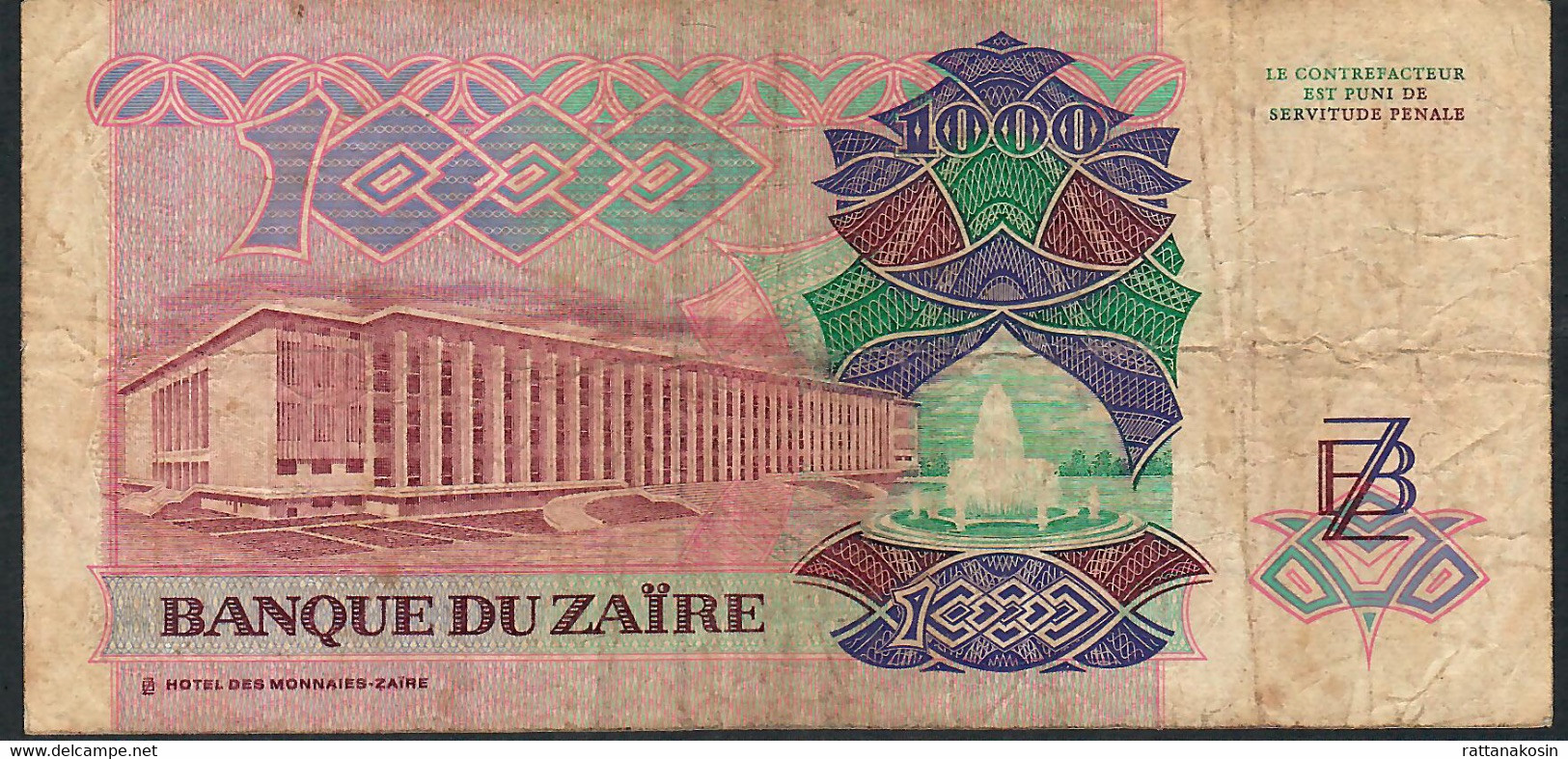 ZAIRE P35 1000 ZAIRES 24.11.1989  #F/D  RARE     FINE Folds - NO Tear -NO P.h; - Zaïre