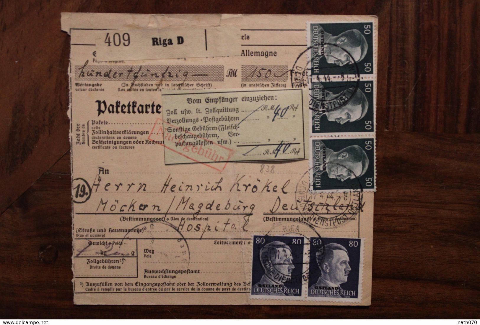 1943 Besetzung 2.WK Ostland Paketkarte Riga Nach Magdebürg Hospital Reich Cover Lettonie Lettland - Occupation 1938-45