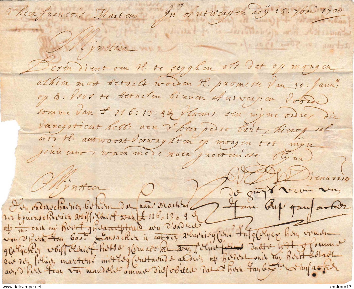 LAC Manuscrit D’Anvers à Gand Belgique Du 15 Septembre 1700 Pas De Marque Du Port Dû! C En Creux - Altri & Non Classificati