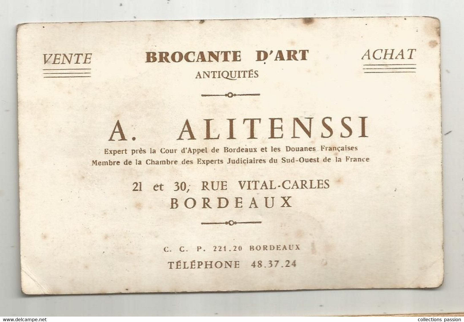 JC , Carte De Visite , Brocante D'art ,antiquités ,A. ALITENSSI , BORDEAUX - Visitekaartjes