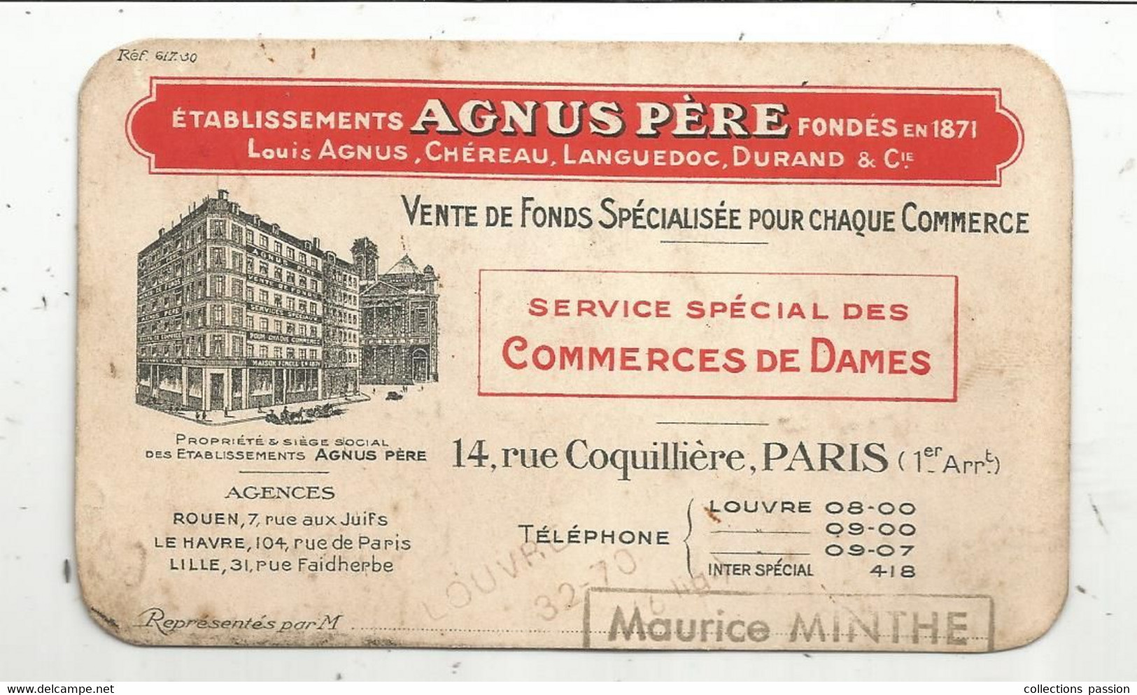 JC , Carte De Visite , ETS AGNUS PERE , Vente De Fonds De Commerce,Paris - Visiting Cards