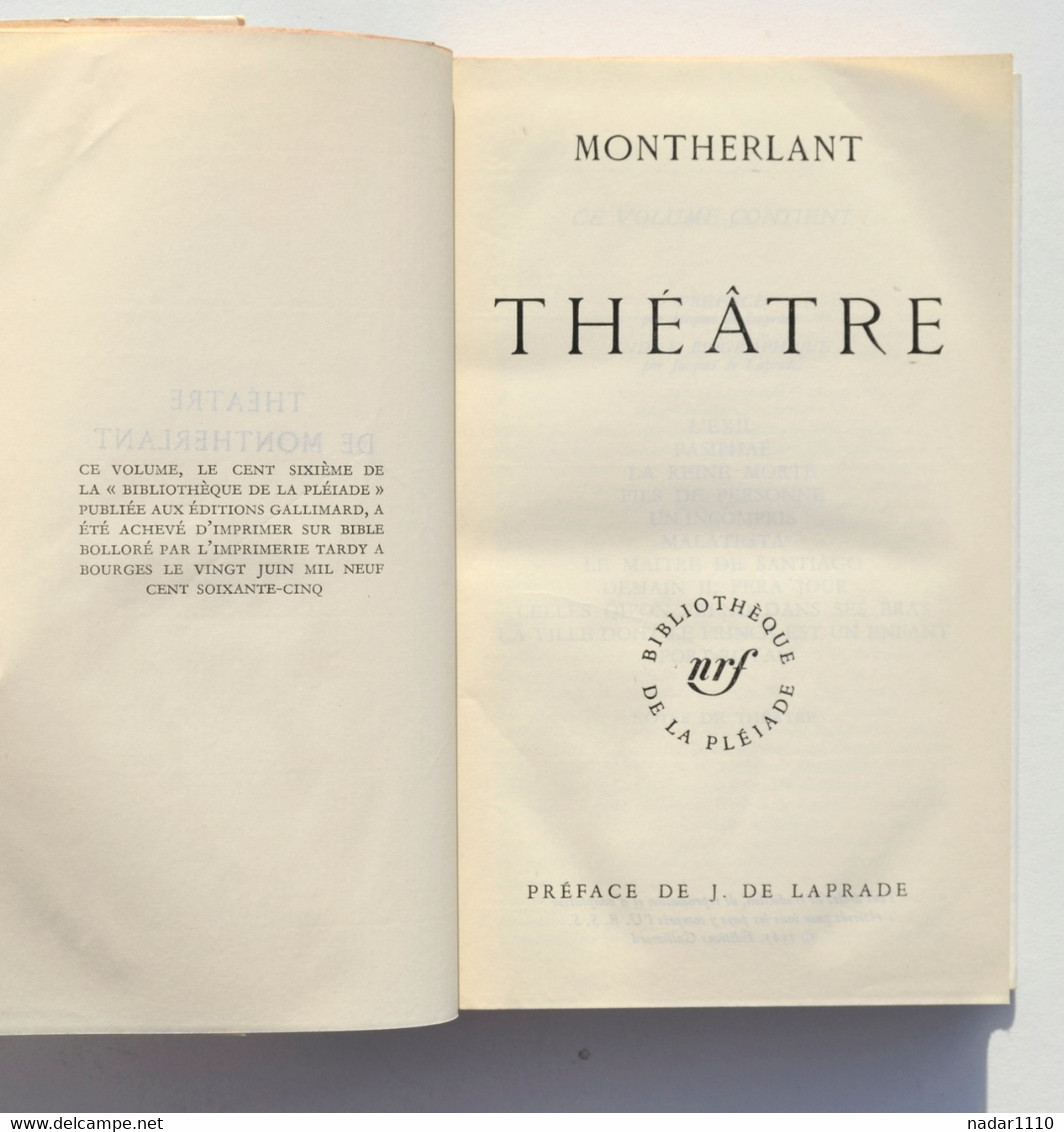 Théâtre - Montherlant - La Pléiade - Gallimard, 1965 - La Pléiade