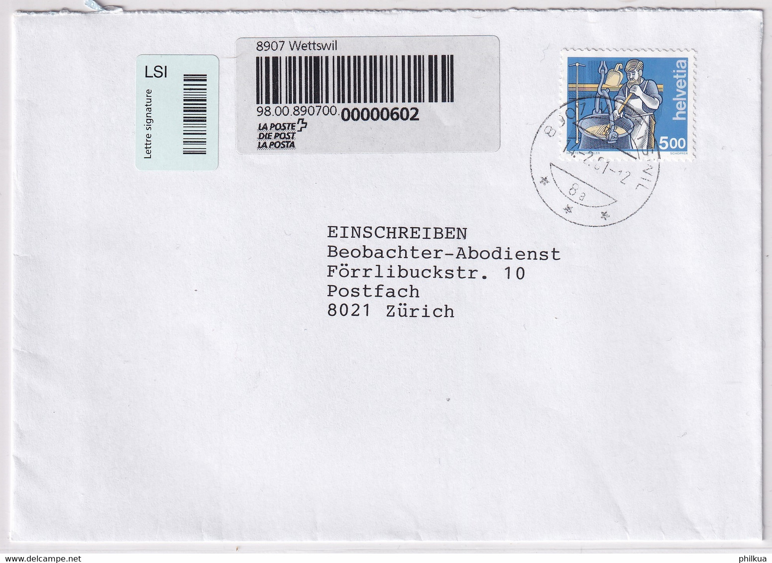 854x Auf R-Brief Gelaufen Am 14.2.2001 Von Wettswil Nach Zürich - Cartas & Documentos