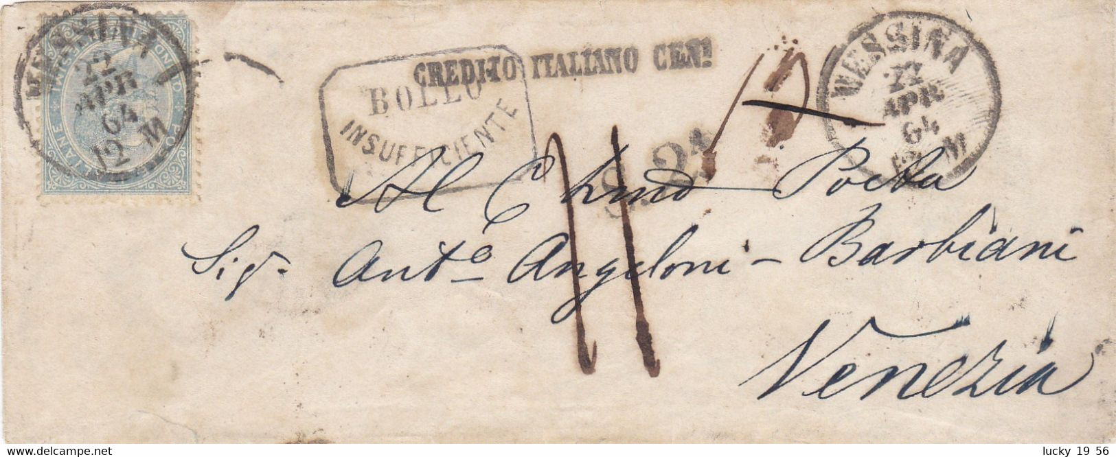 1864 Bustina Da Messina A Venezia, Vari Bolli E Tasse, Francobollo Non Perfetto, Ma Raro Insieme. - Marcophilia