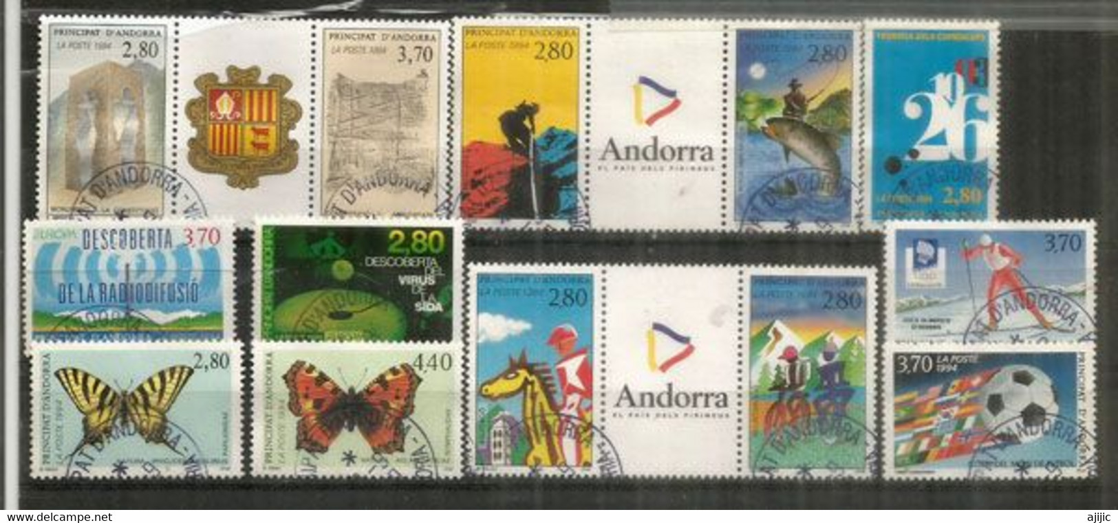 Année Complète ANDORRE 1994. 13 T-p Oblitérés Première Qualité, 3 Tryptiques. - Usati