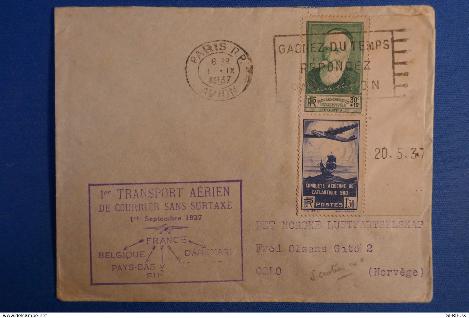 Q26 FRANCE BELLE LETTRE 1937  PREMIER VOL PARIS POUR OSLO NORVEGE+ COIN DATE  +AFFRANCHISSEMENT PLAISANT - Premiers Vols