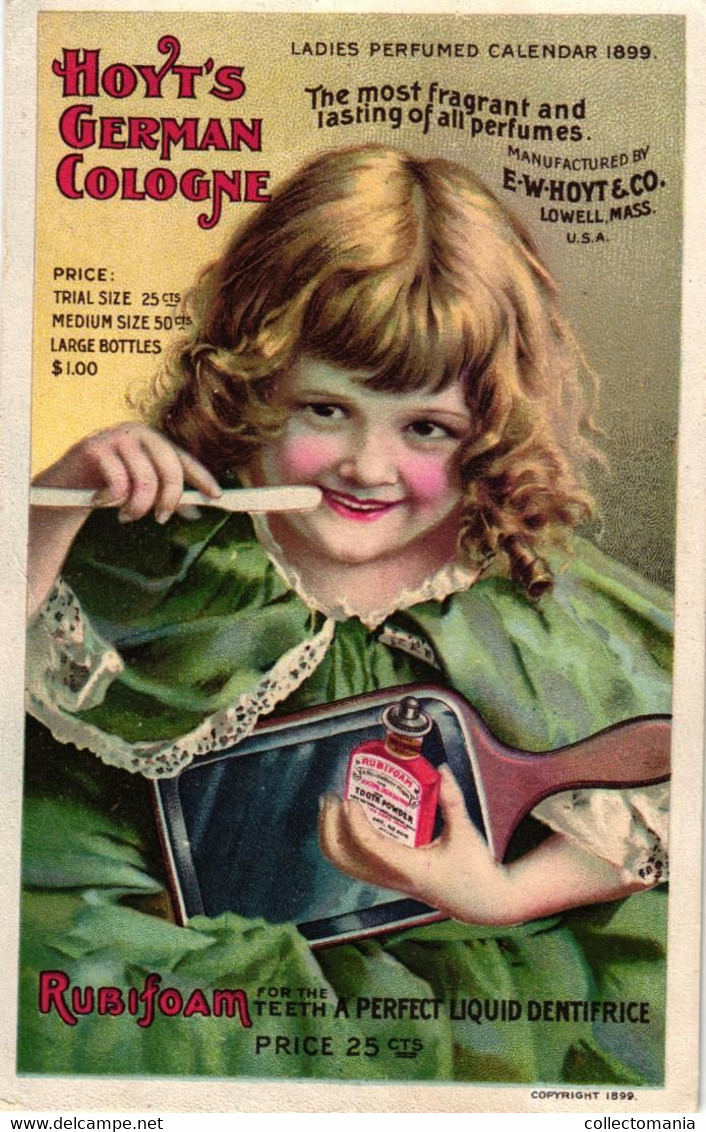 1 Card Hoyt's Germn Cologne Ladies Perfumed Calendar 1899 Rubifoam Dentifrice - Otros & Sin Clasificación