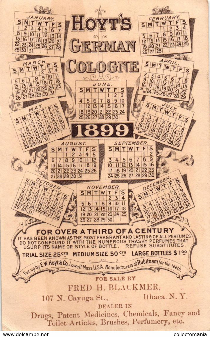 1 Card Hoyt's Germn Cologne Ladies Perfumed Calendar 1899 Rubifoam Dentifrice - Andere & Zonder Classificatie