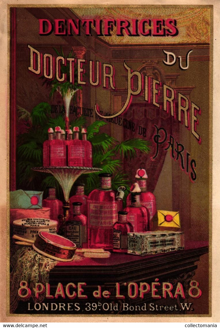 Mooie Chromo Litho - Dentifrices Du Docteur Pierre Place De L'Opéra OBERTHUR 1890 Avec Flacons, Flessen Tandpasta Teeth - Bottles (empty)