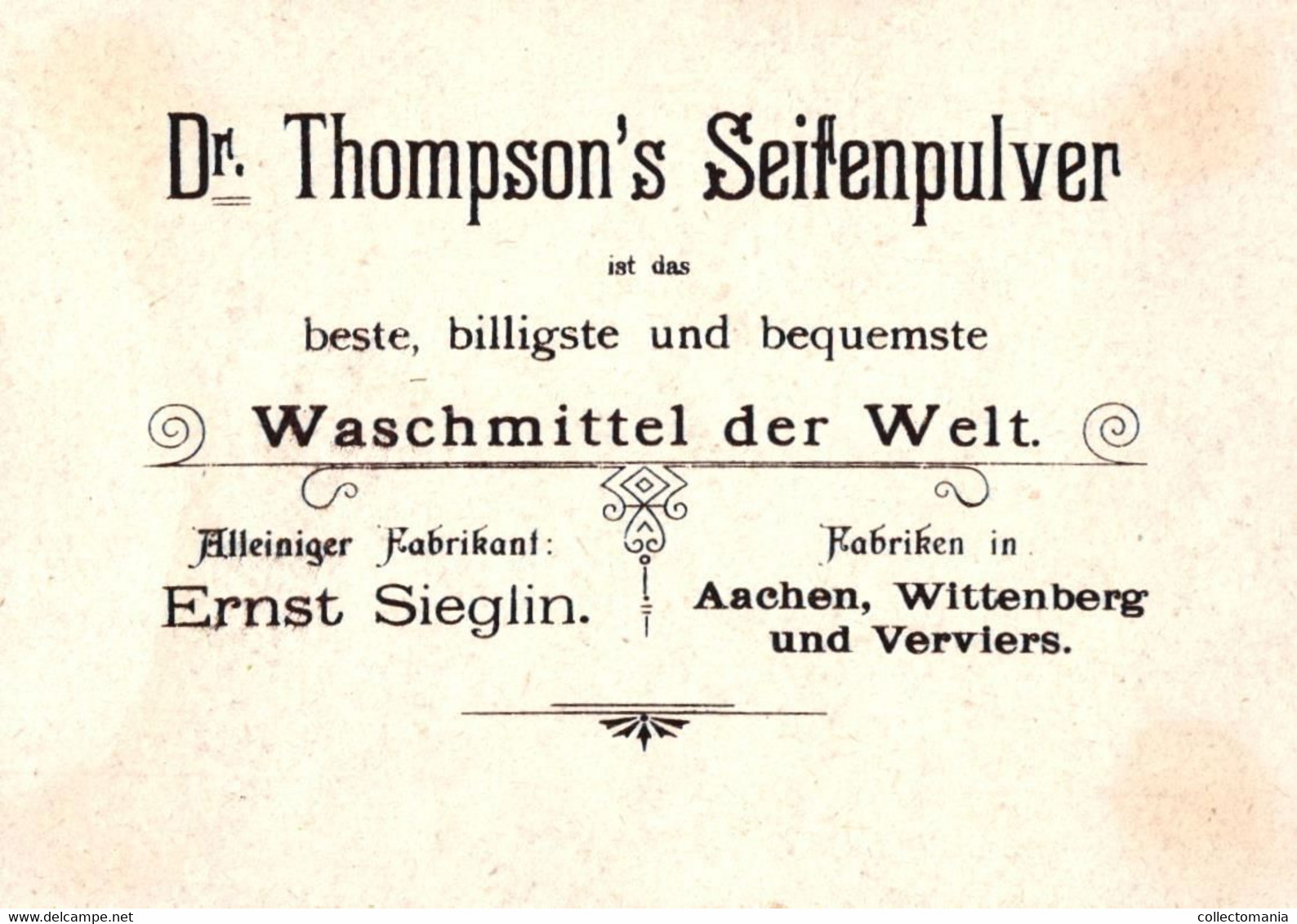 5  Cartes Dr. Thompson's  Seifenpulver  Schutzmarke Schwan De Zwaan  Fabriken in Aachen,Wittenberg,& Verviers