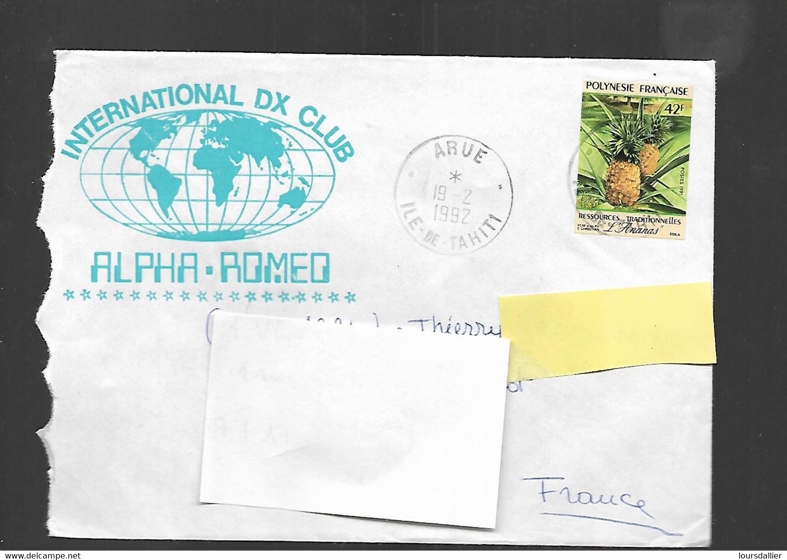 Enveloppe INTERNATIONAL DX CLUB ALFA ROMEO  19 02 1992 POLYNESIE FRANCAISE ILE DE TAHITI Jolies Cachets Au Dos   25 - Storia Postale