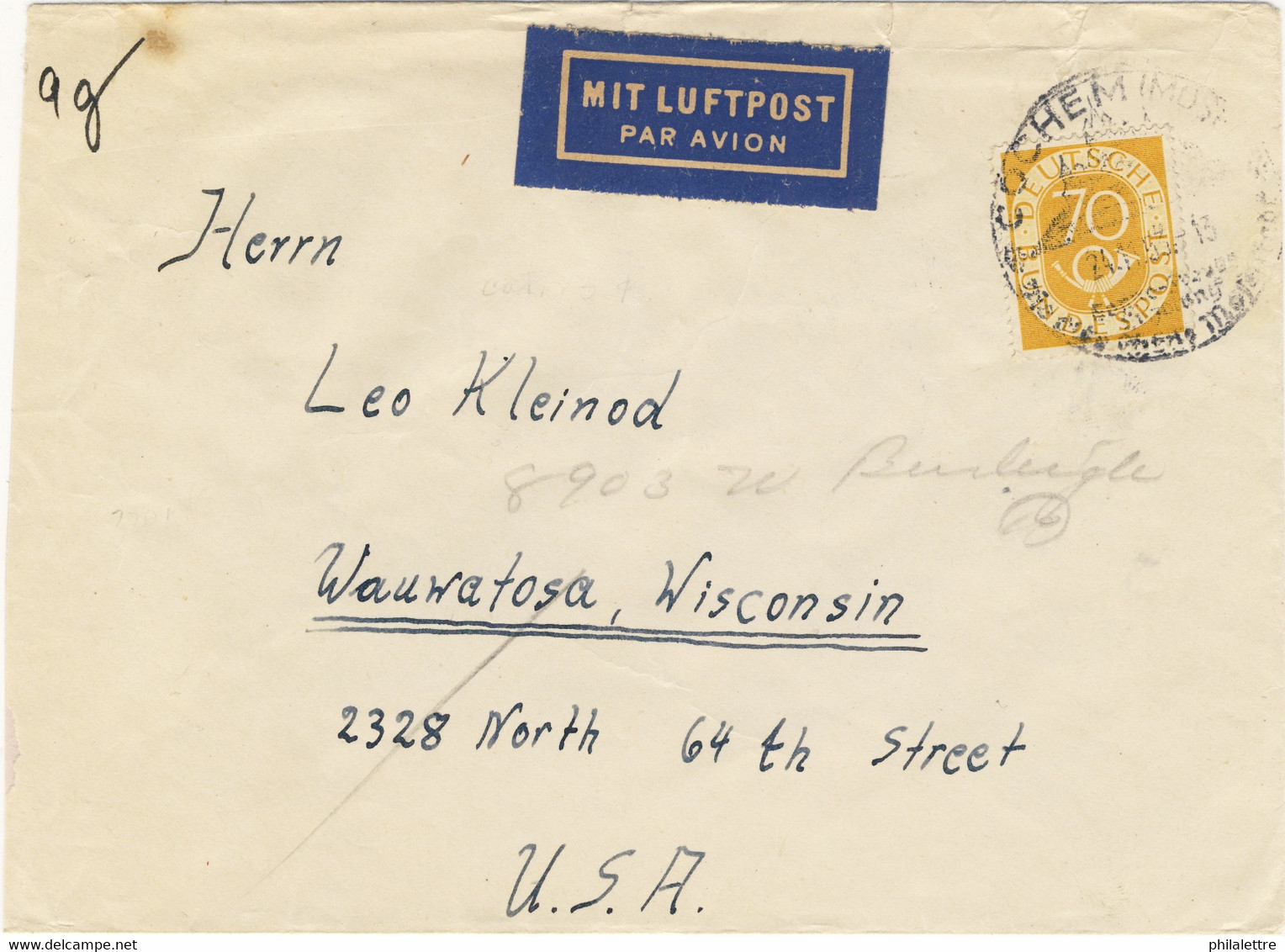 ALLEMAGNE / DEUTSCHLAND - 1953 Posthorn 70pf Einzelfrankatur Mi.136 Auf Luftbrief Aus Cochem Nach USA - Selten - Covers & Documents