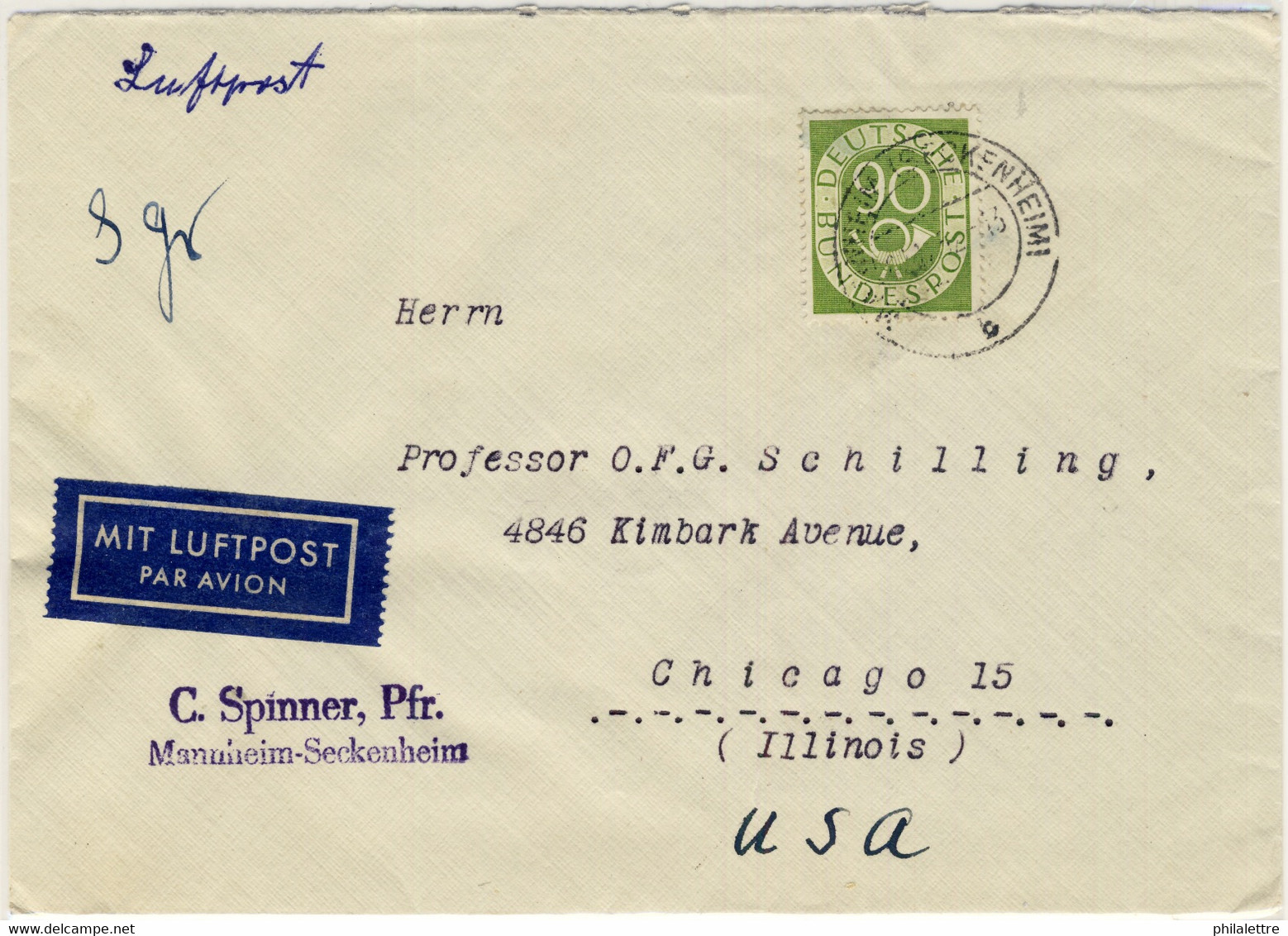 ALLEMAGNE / DEUTSCHLAND - 1952 Posthorn 90pf Einzelfrankatur Mi.138 Auf Luftbrief Aus Mannheim Nach USA - Selten - Covers & Documents