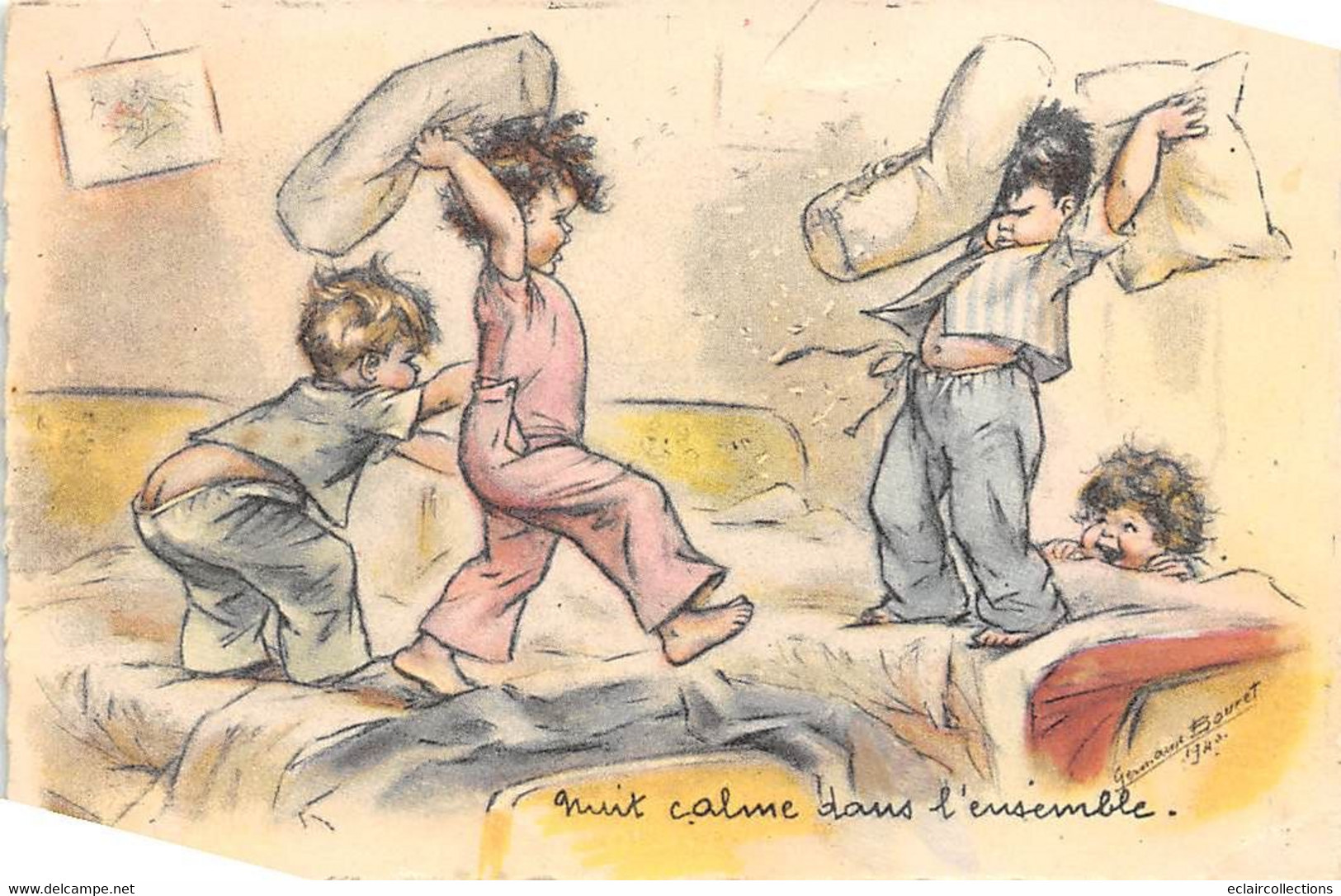 Illustrateur: Germaine  Bouret       Nuit Calme Dans L'ensemble. Bataille De Polochons . (voir Scan) - Bouret, Germaine