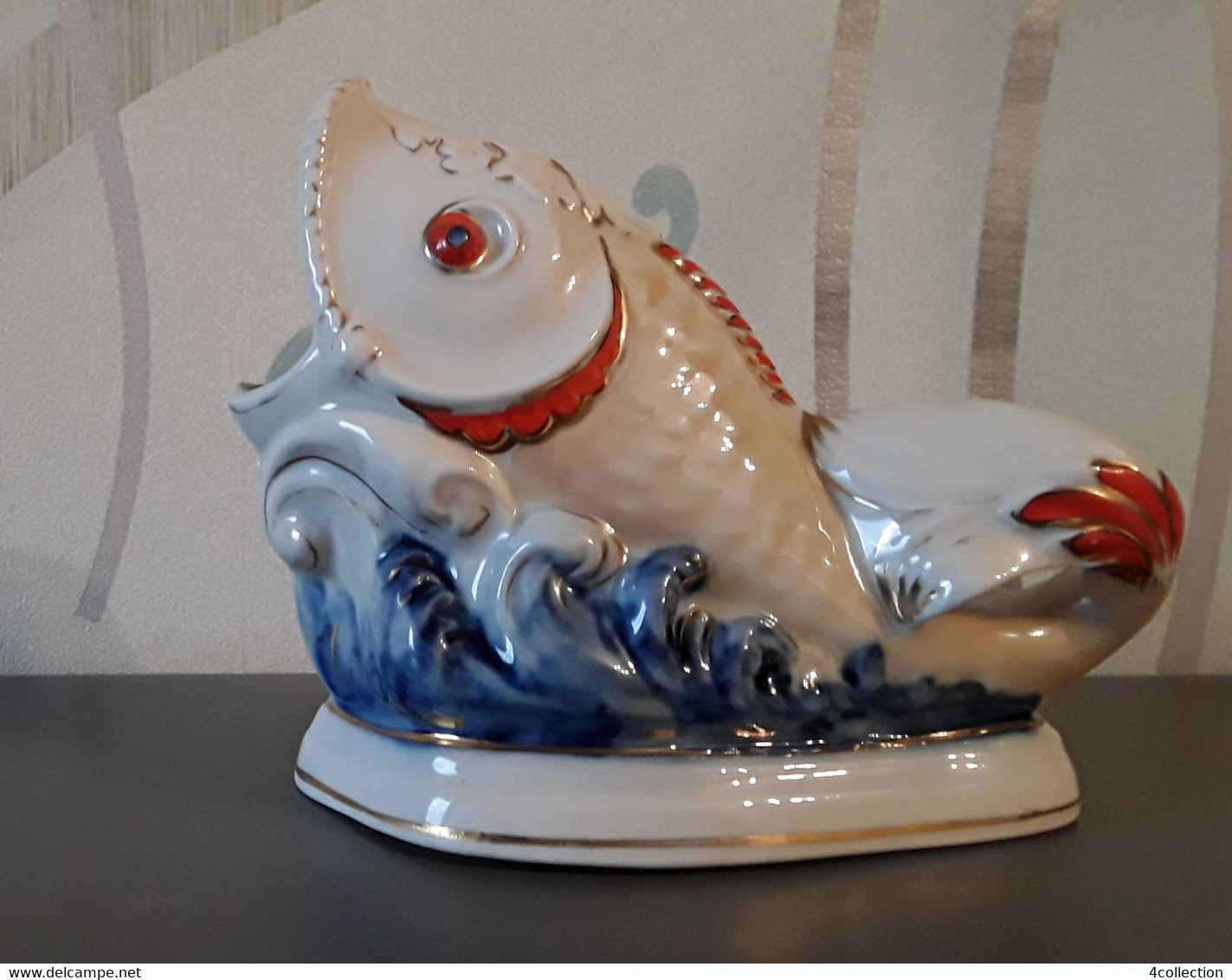 Vintage USSR Soviet Golden Fish Figural Napkin Holder Vase KOROSTEN 1st Grade Porcelain Hand Painted - Other & Unclassified