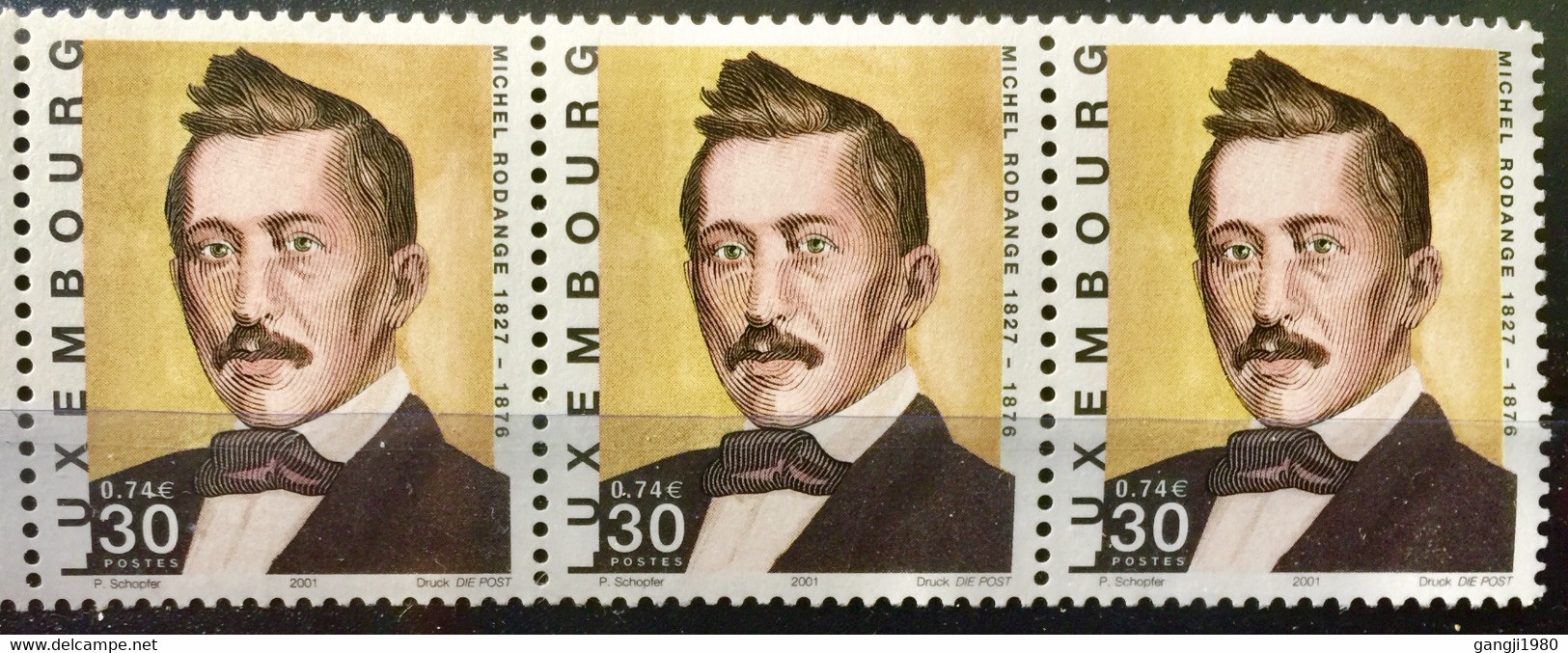 LUXEMBOURG 2001 MNH STAMP ON ERROR  MICHEL RODAGE BACK SIDE PRINT ERROR - Abarten & Kuriositäten