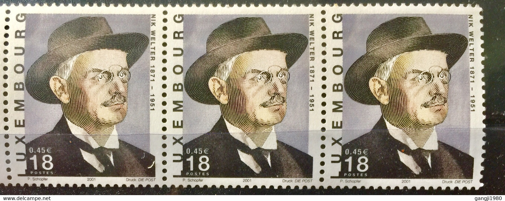 LUXEMBOURG 2001 MNH STAMP ON ERROR  NIK WELTER BACK SIDE PRINT ERROR - Variétés & Curiosités