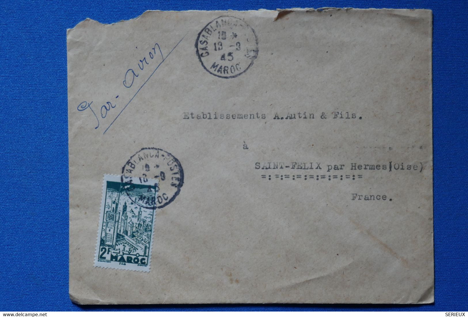 Q26 MAROC BELLE LETTRE 1945 PAR AVION CASABLANCA  POUR ST FELIX + AFFRANCH. INTERESSANT - Brieven En Documenten