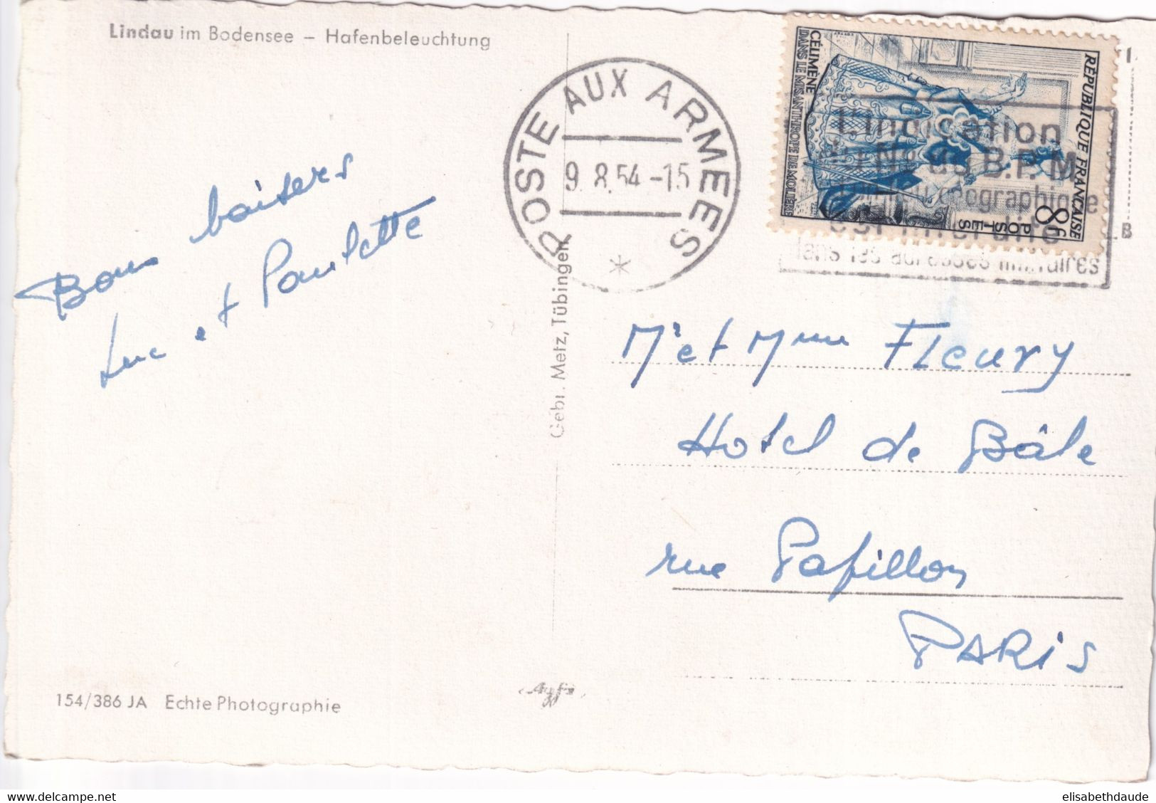 ARMEE FRANCAISE EN ALLEMAGNE - 1954 - TIMBRE FRANCAIS YVERT N°956 SEUL Sur CP De LINDAU (BAVIERE) => PARIS - Military Postmarks From 1900 (out Of Wars Periods)