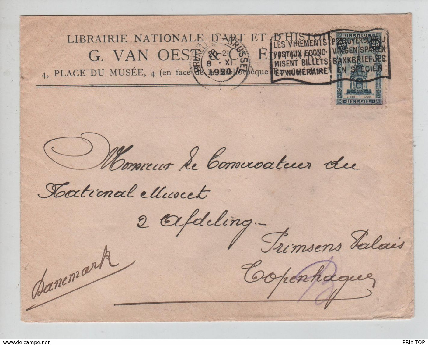 REF4059/ TP 164 Perron S/L. Librairie Nationale D'Art Et D'Histoire C.BXL 1920 > Danemark - Covers & Documents