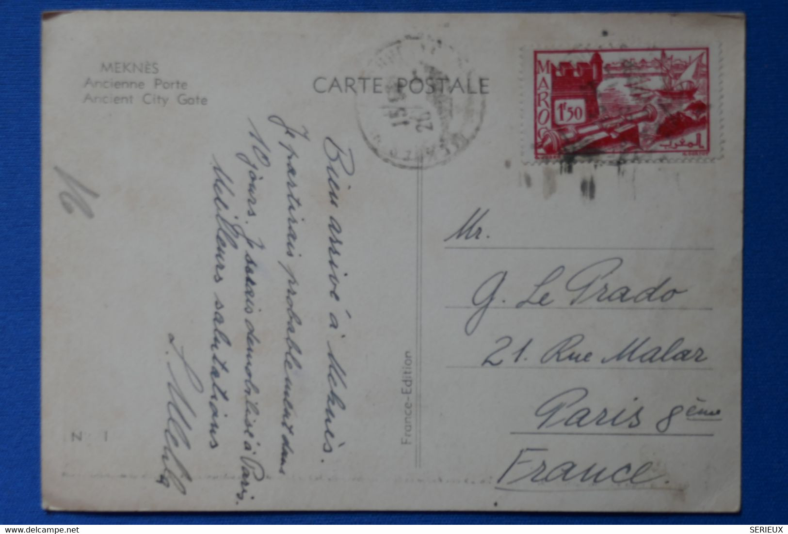 Q26 MAROC BELLE CARTE 1934  PORTE MEKNES POUR PARIS + AFFRANCH. INTERESSANT - Briefe U. Dokumente