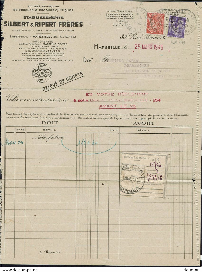 1945 "Silbert & Ripert Frères Marseille" Affr. Type Iris Et Mercure 1,50 F Perforés S.R. Sur Doc. Pour St Laurent De N.. - Lettres & Documents