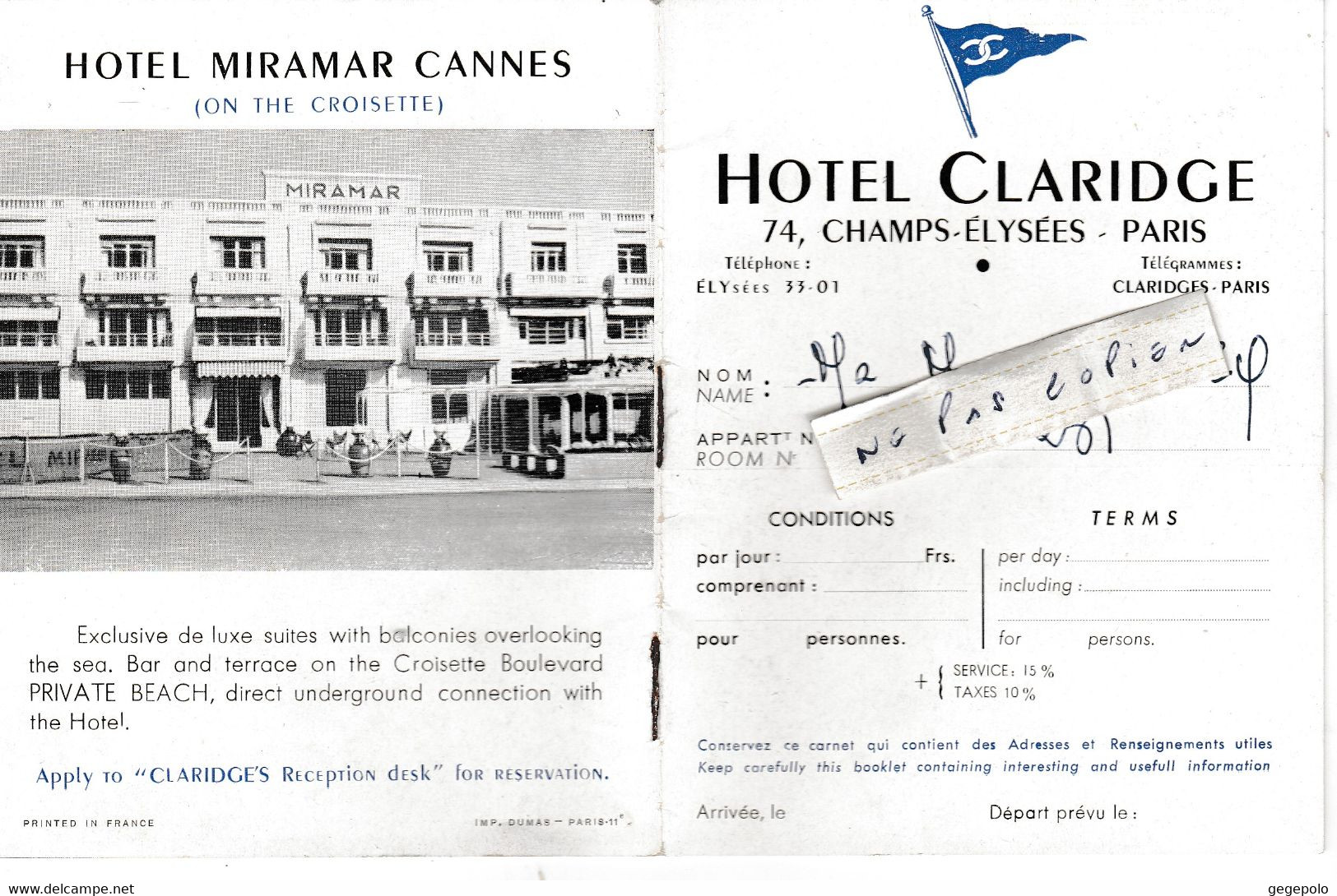 PARIS - Hôtel CLARIDGE - 74 , Champs-Elysées - 8 Feuilles  ( 13,5 Cm X 10,5 Cm )  Rare - Reiseprospekte