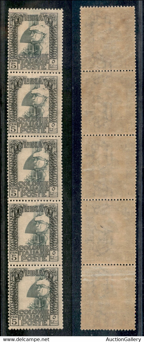 Colonie - Libia - 1921 - 5 Cent Pittorica (23/23g) - Striscia Verticale Di 5 Con Spostamento In Diagonale Del Centro - G - Altri & Non Classificati