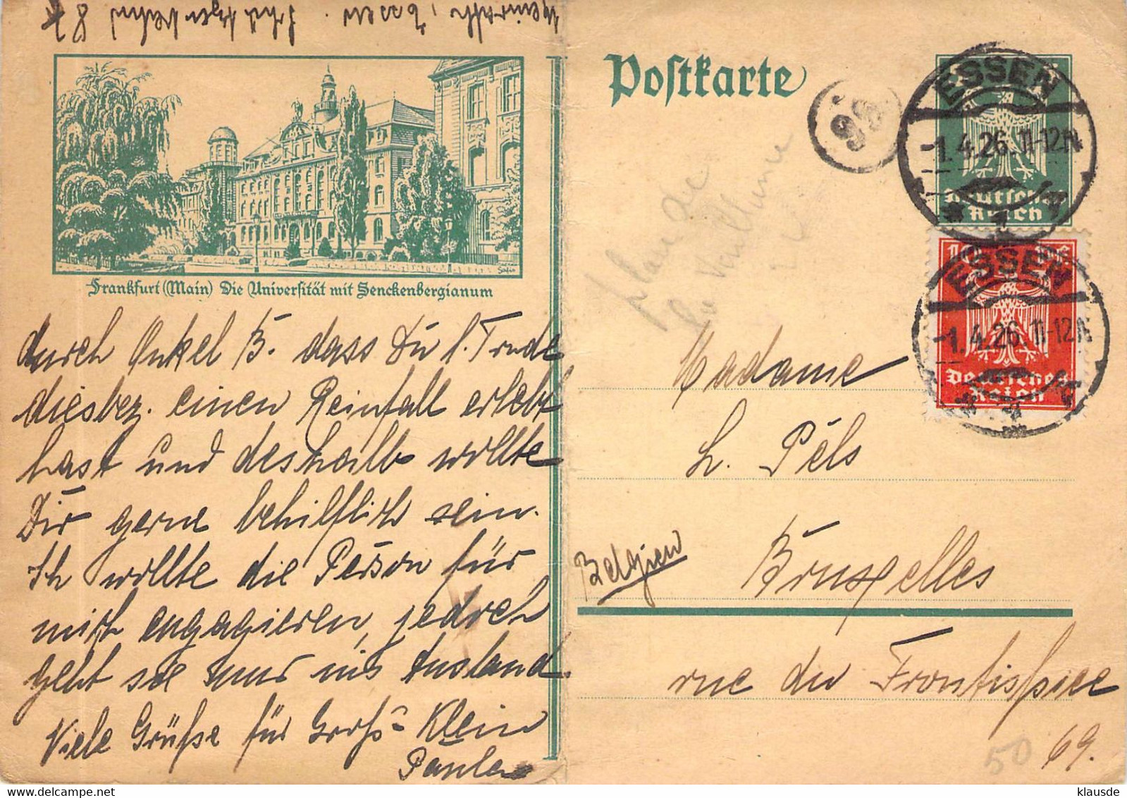 P 164 (Frankfurt-Main) Mit Zfr. Essen>Brüssel 1926 - Covers