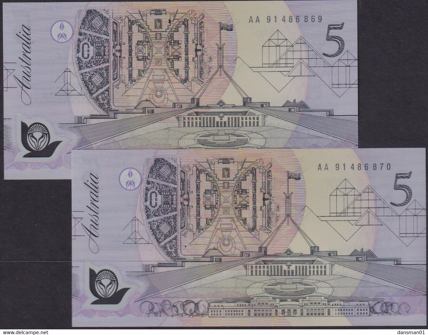 AUSTRALIA 1992 $5 Banknote Fraser/Cole Uncirculated Pair AA 91486869-70 - 1992-2001 (kunststoffgeldscheine)