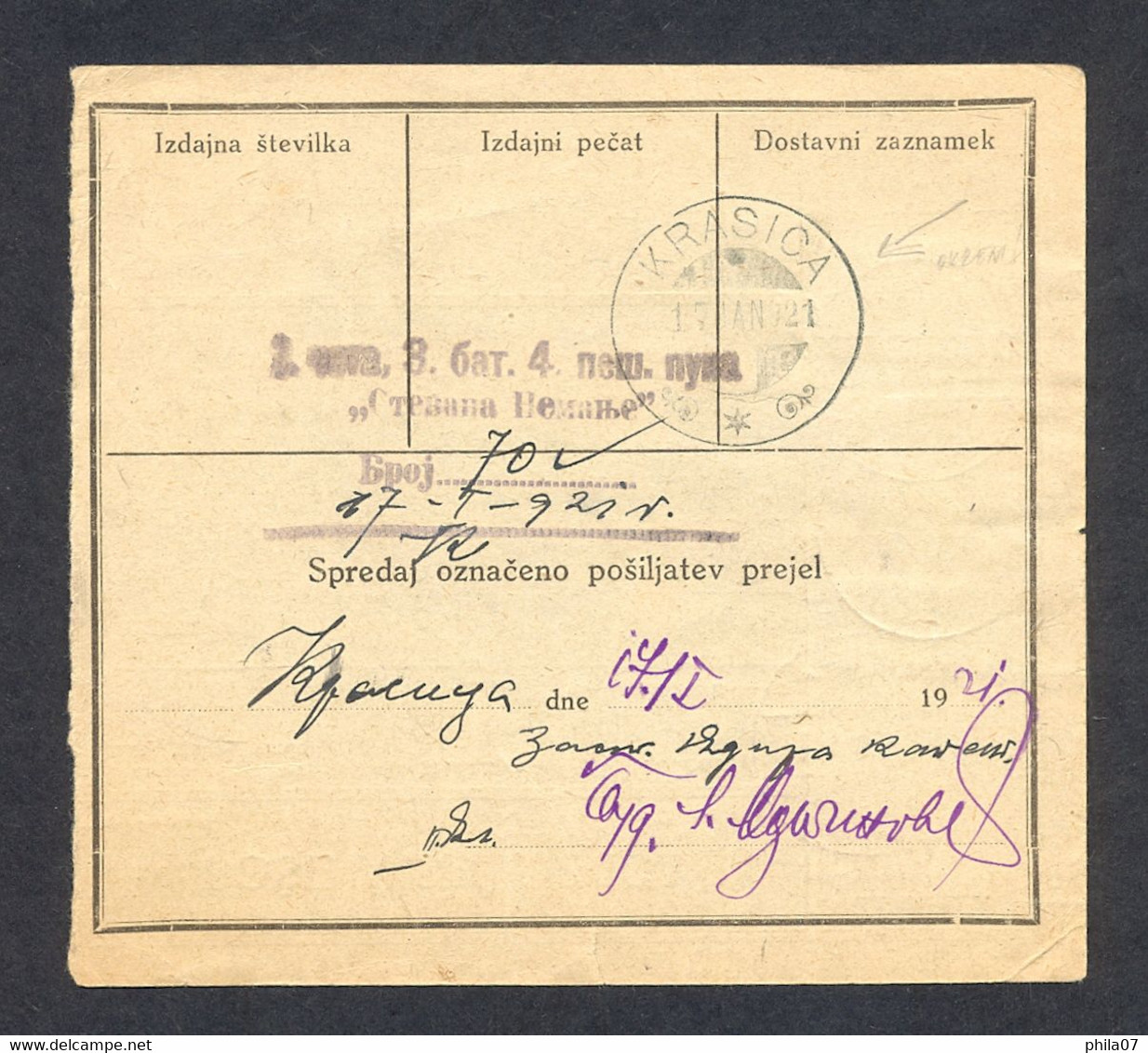 Yugoslavia, VERIGARI (chain Breakers) On Parcel Card Sent From Ratkovica To Krasica 14.01. 1921. Arrival On The Back. - Lettres & Documents