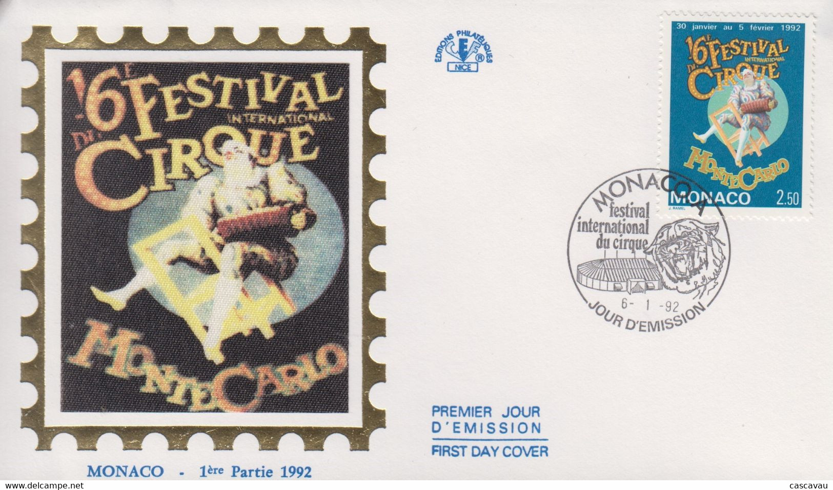 Enveloppe  FDC  1er  Jour   MONACO    16éme  FESTIVAL  INTERNATIONAL  Du  CIRQUE    1992 - Circo