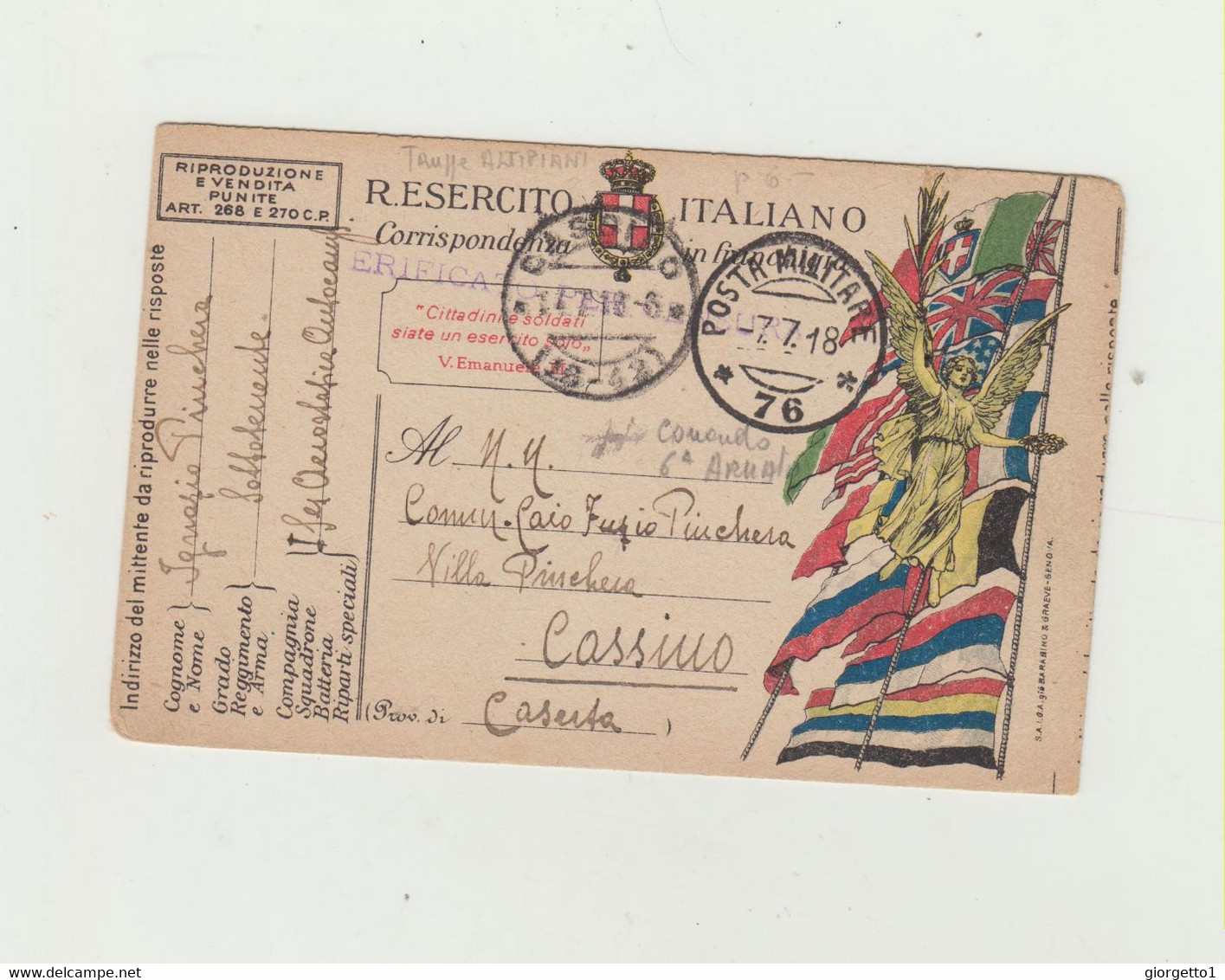 FRANCHIGIA  POSTA MILITARE 76 DEL 1918 VIAGGIATA VERSO CASSINO WW1 - Zonder Portkosten