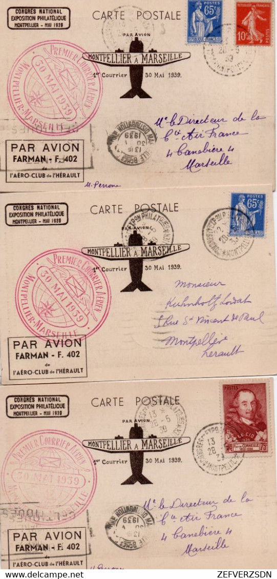 34 MONTPELLIER HERAULT AVIATION MARSEILLE 1ER VOL COURRIER OBLITERATION TAMPON FARMAN AERO CLUB AIR FRANCE - Inaugurazioni