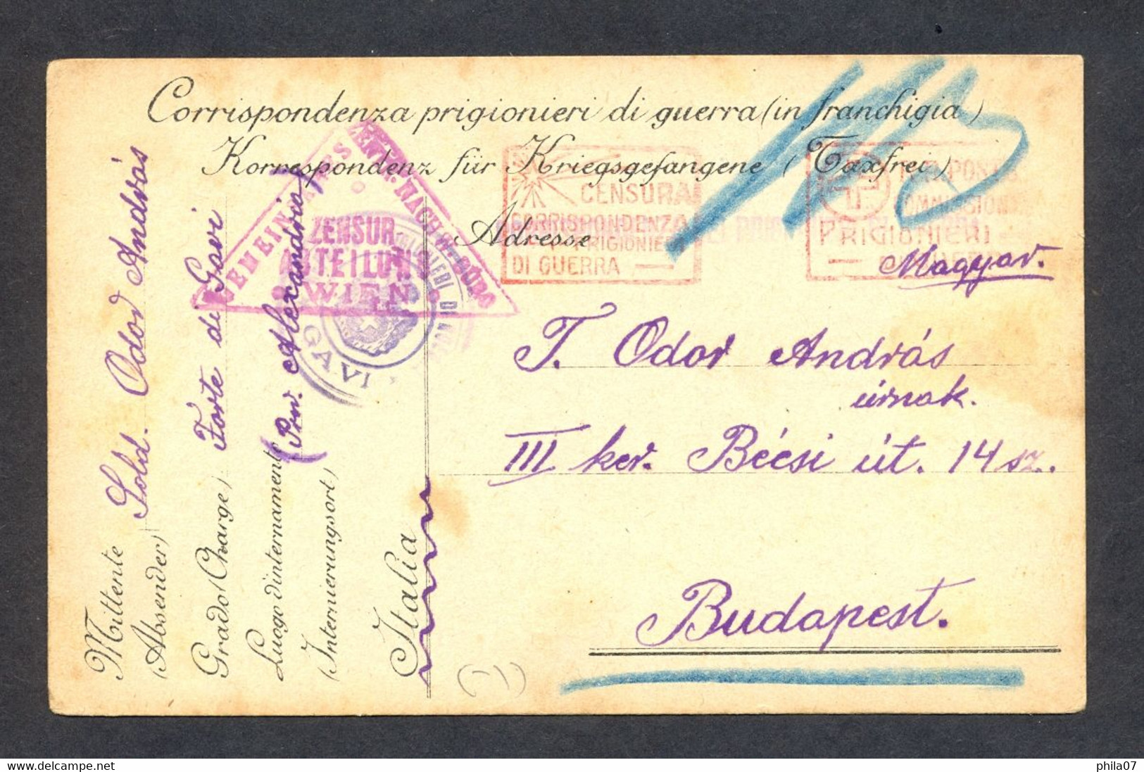 Austria, Italy WWI - Stationery For Prisoner Mail, Sent From Italian Captivity Via Wien To Budapest 17.06. 1917. Censore - Brieven En Documenten