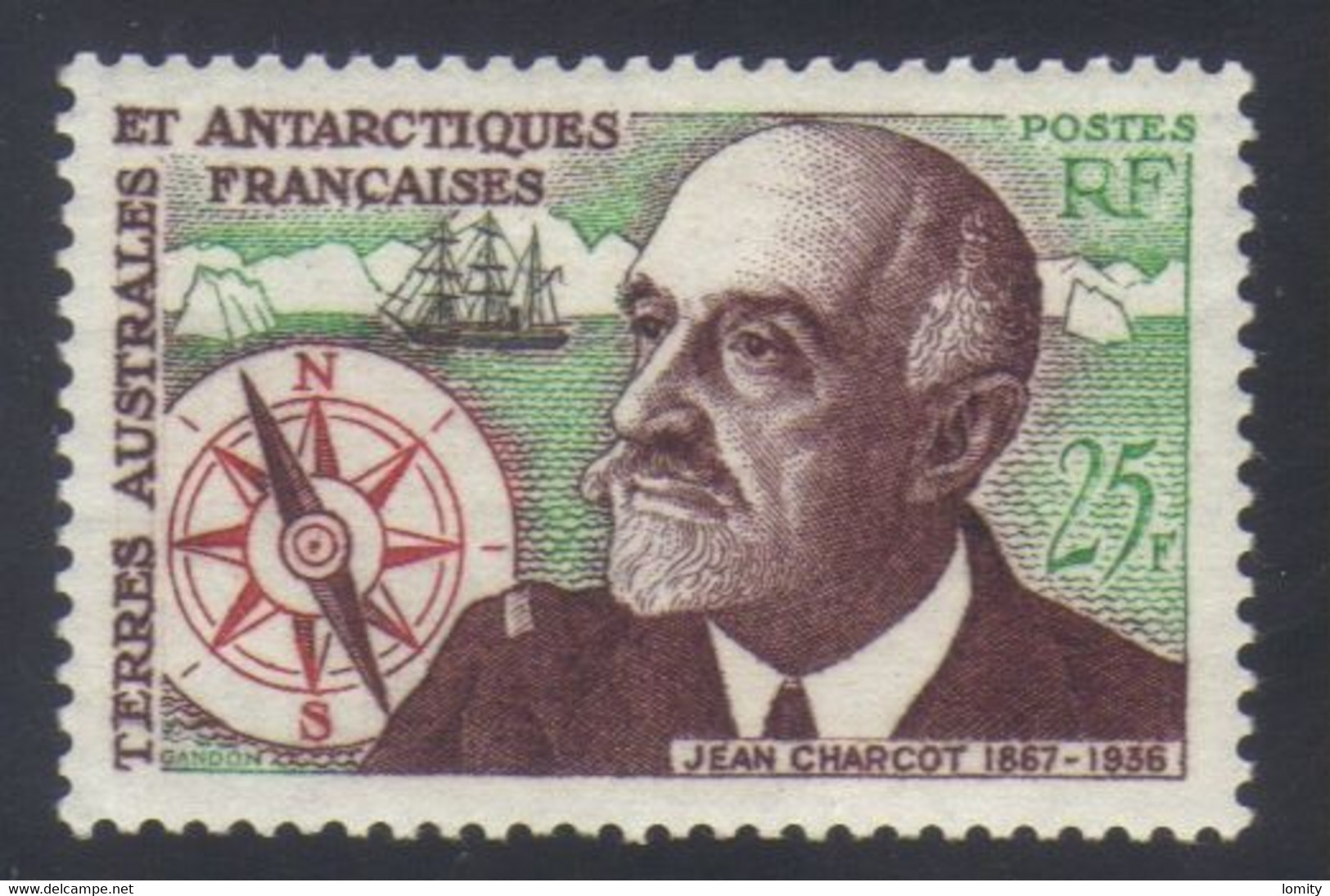 T.A.A.F Timbre Anniversaire Disparition En Mer Commandant Charcot  25f. Vert Brun-rouge Et Rouge  N° 19** Neuf - Unused Stamps