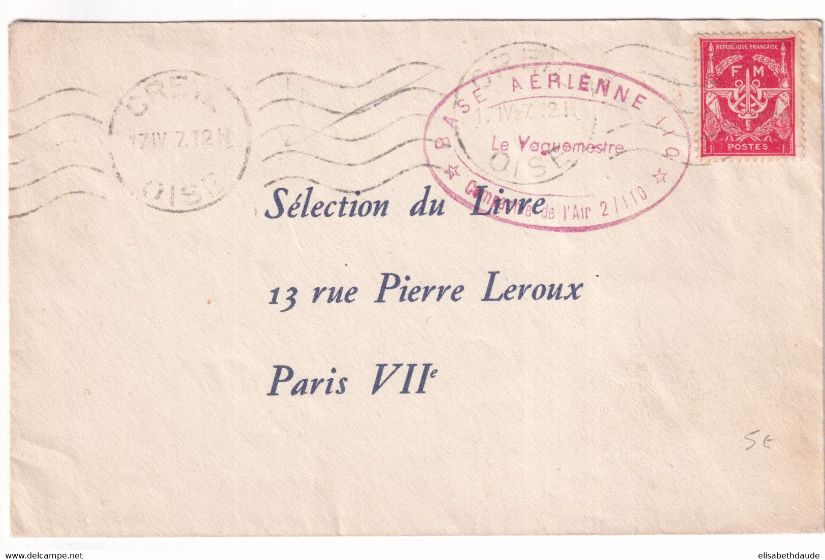 1957 - BASE AERIENNE 110 - ENVELOPPE FM De CREIL (OISE) - - Military Postmarks From 1900 (out Of Wars Periods)