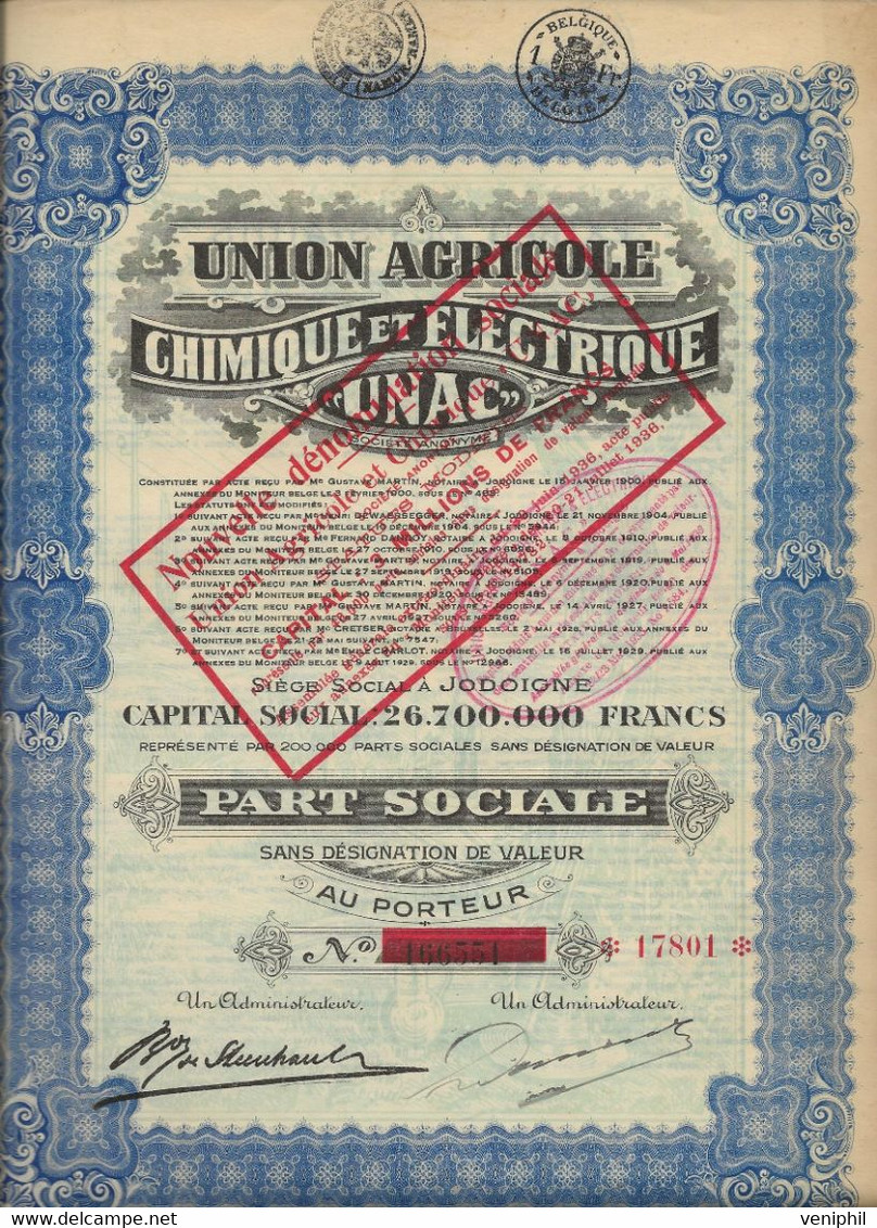 UNION AGRICOLE CHIMIQUE ET ELECTRIQUE UNAC -PART SOCIALE - 1936 - Electricité & Gaz