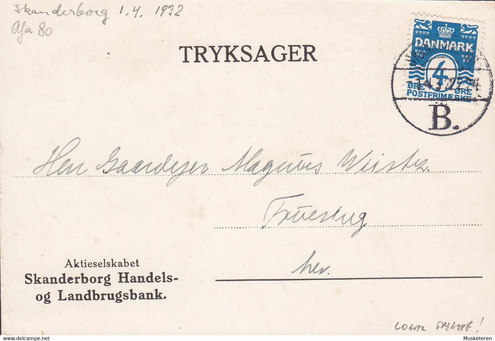 Denmark SKANDERBORG HANDELS-& LANDBRUGSBANK, Brotype SKANDERBORG B. 1932 Card Karte ERROR Variety 'Spot Between Frames' - Plaatfouten En Curiosa