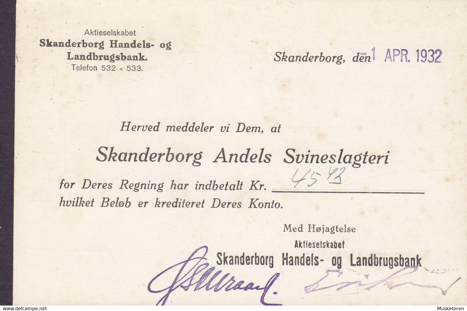 Denmark SKANDERBORG HANDELS-& LANDBRUGSBANK, Brotype SKANDERBORG B. 1932 Card Karte ERROR Variety 'Spot Between Frames' - Variétés Et Curiosités