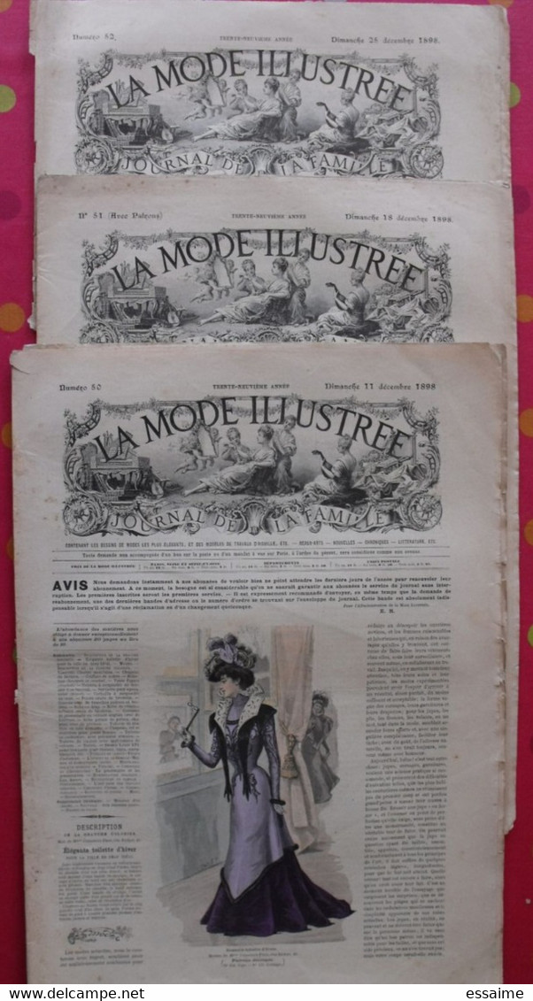 3 Revues La Mode Illustrée, Journal De La Famille.  N° 50,51,52 De 1898. Couverture En Couleur. Jolies Gravures De Mode - Mode