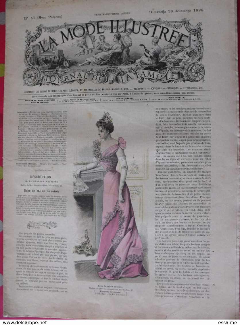 3 revues la mode illustrée, journal de la famille.  n° 50,51,52 de 1898. couverture en couleur. jolies gravures de mode