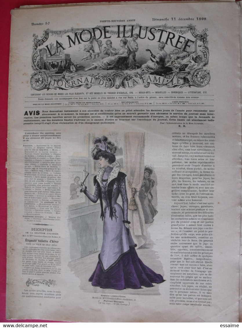 3 revues la mode illustrée, journal de la famille.  n° 50,51,52 de 1898. couverture en couleur. jolies gravures de mode