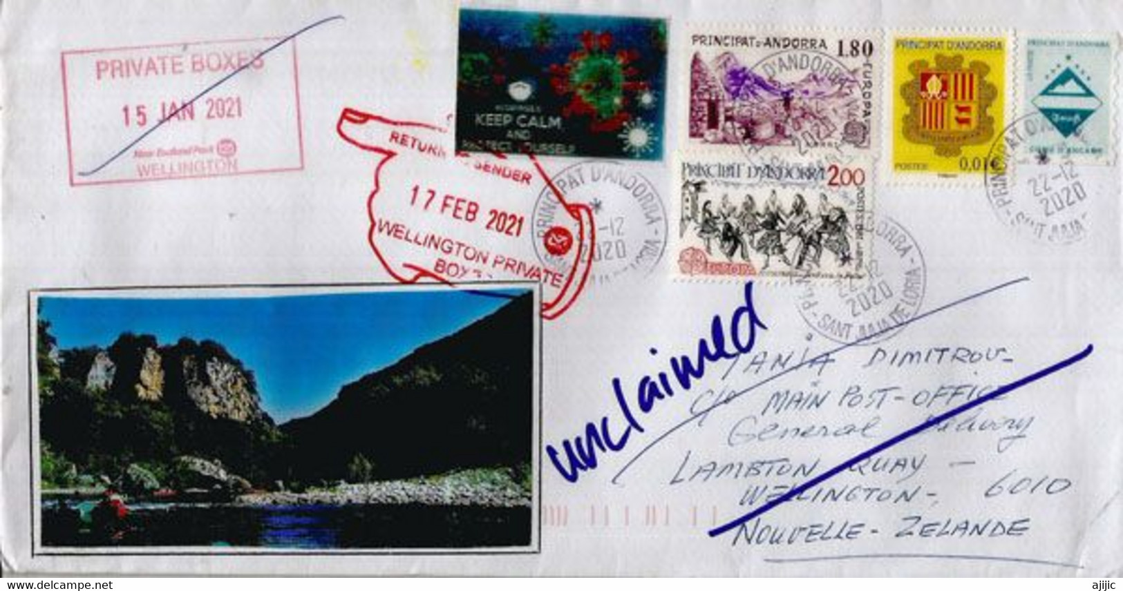 Lettre D'Andorre Adressée à Wellington Pendant épidemie Covid-19, Return To Sender,avec Vignette Prévention Covid-19 - Covers & Documents