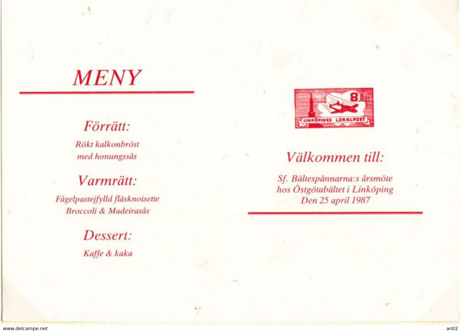 Sweden 1987 Linköping Local Post, Print Of Meny For Östgötabältet   Yearly Meeting - Emissioni Locali