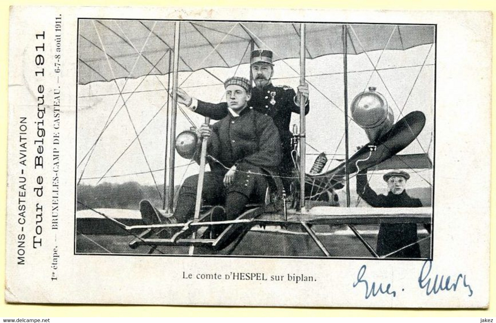 MONS-CASTEAU-AVIATION - Tour De Belgique 1911 - Le Comte D'Hespel Sur Biplan (1ère étape Bruxelles-Camp De Casteau) - Meetings