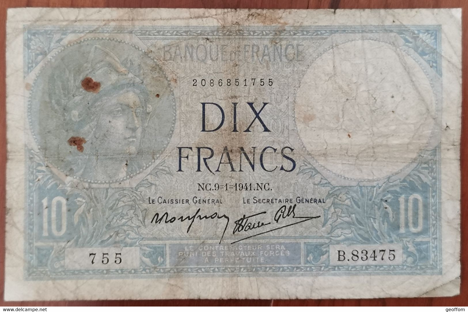 Billet 10 Francs MINERVE 9 - 1 - 1941 France B.83475 - 10 F 1916-1942 ''Minerve''