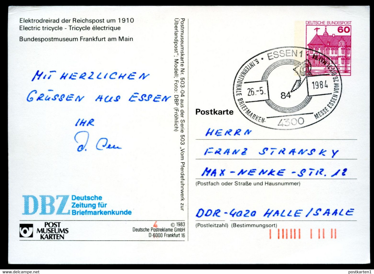 Bund PP106 C2/008e ELEKTRODREIRAD REICHSPOST 1910 Gebraucht Sost. Essen 1984 - Privatpostkarten - Gebraucht