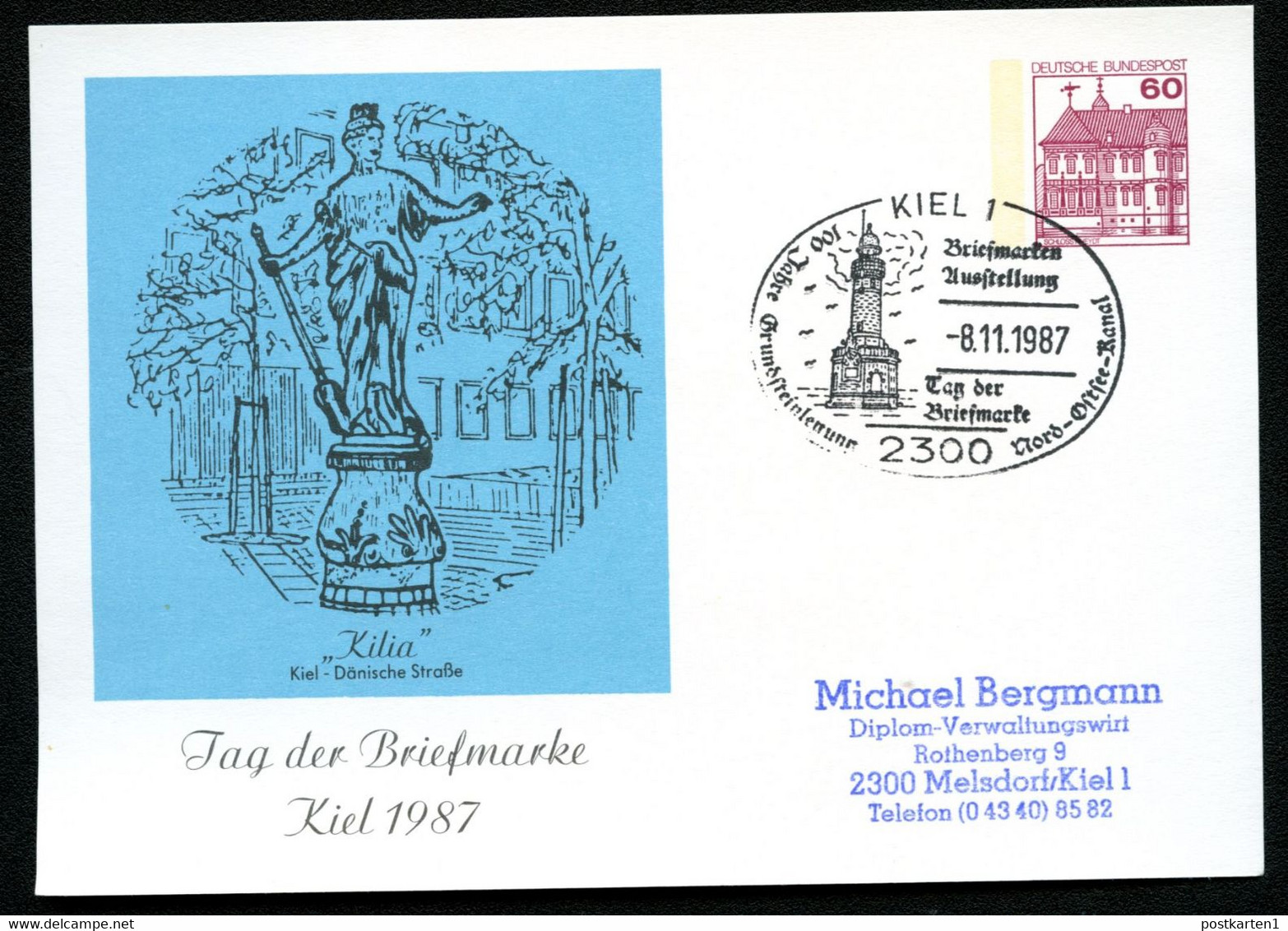 Bund PP106 C2/027-I STATUE KILIA 1888 Kiel Sost. LEUCHTTURM HOLTENAU 1987 - Cartes Postales Privées - Oblitérées